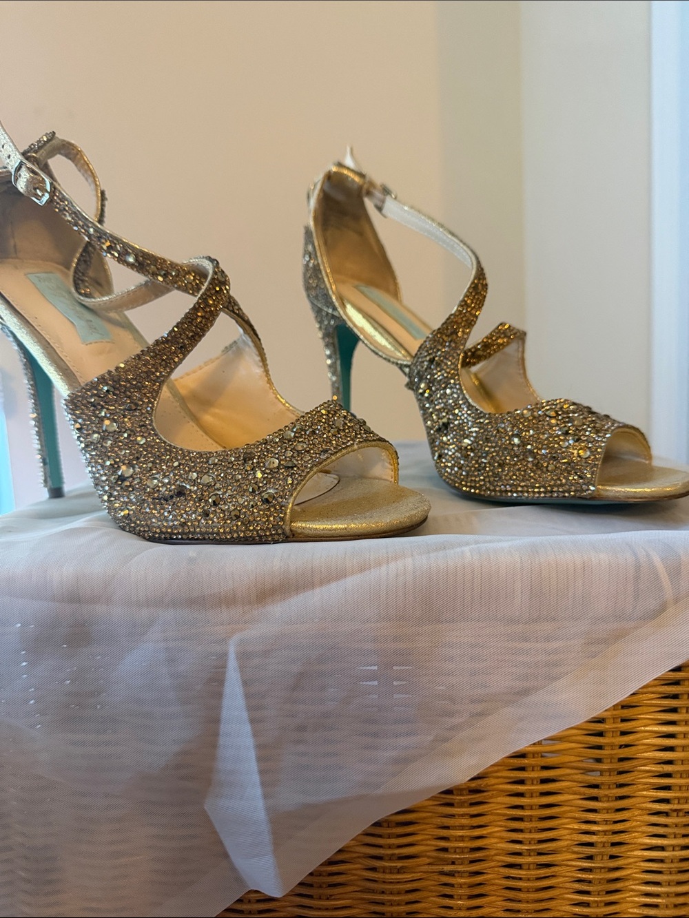 Betsey Johnson Gold Crystal Strappy High Heels